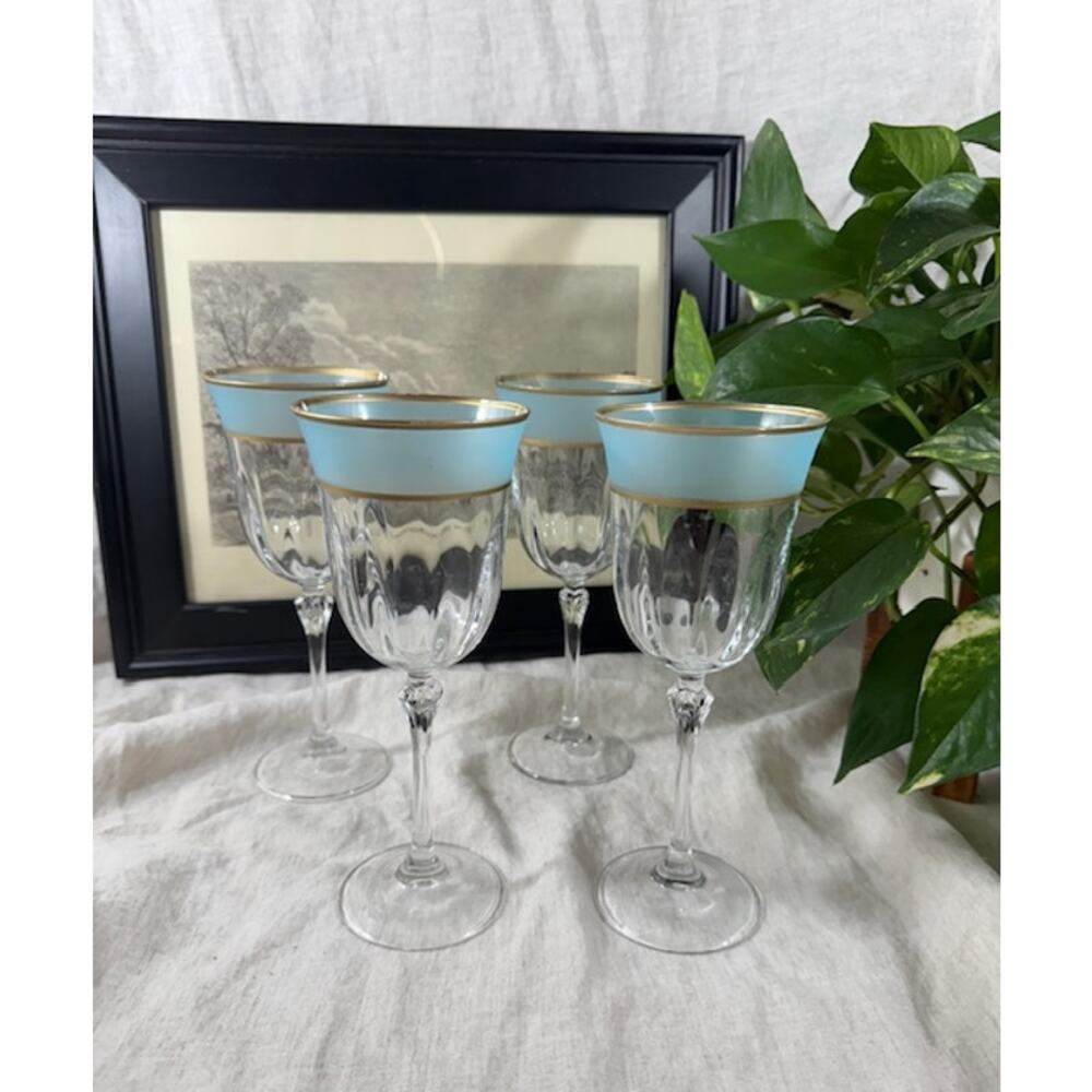 Vintage Frosted Teal Blue & Gold Rimmed Wine Glass Set of 4